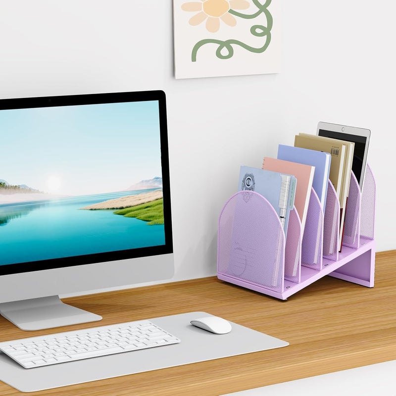 OUTIOE 5-Section Desk File Organizer, Metal Mesh Folder Organizer for Documents, Mail & Office Papers (Purple) - Image 3